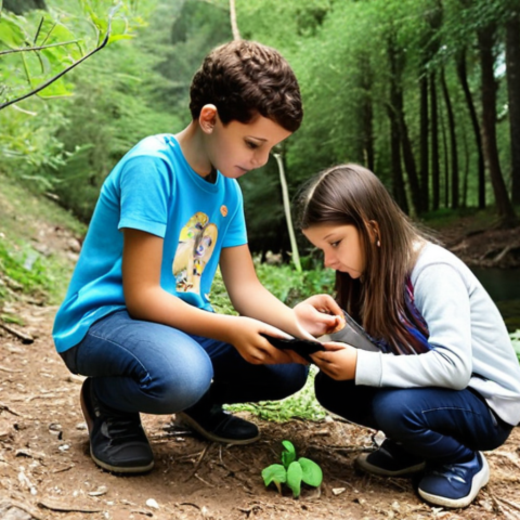 **

A group of Turkish children are participating in an outdoor education program, surrounded by nature. They are using tablets to identify local plants and animals, guided by a teacher. The scene highlights the integration of technology with nature, showing both the children's engagement with the devices and their interaction with the environment. The overall feel should be bright, educational, and show the benefits of using technology in nature-based learning.

**