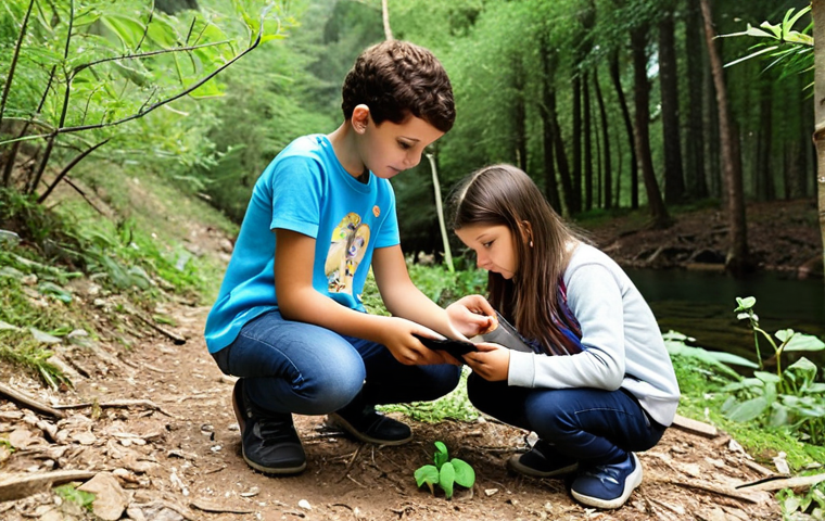 **

A group of Turkish children are participating in an outdoor education program, surrounded by nature. They are using tablets to identify local plants and animals, guided by a teacher. The scene highlights the integration of technology with nature, showing both the children's engagement with the devices and their interaction with the environment. The overall feel should be bright, educational, and show the benefits of using technology in nature-based learning.

**