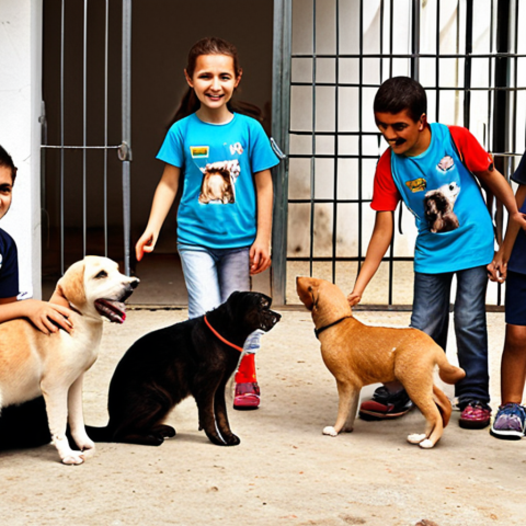 **A group of Turkish children joyfully volunteering at a local animal shelter, surrounded by cats and dogs. The scene is bright and heartwarming, emphasizing empathy and community spirit. Focus on the expressions of the children and the animals.**