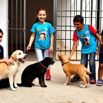 **A group of Turkish children joyfully volunteering at a local animal shelter, surrounded by cats and dogs. The scene is bright and heartwarming, emphasizing empathy and community spirit. Focus on the expressions of the children and the animals.**