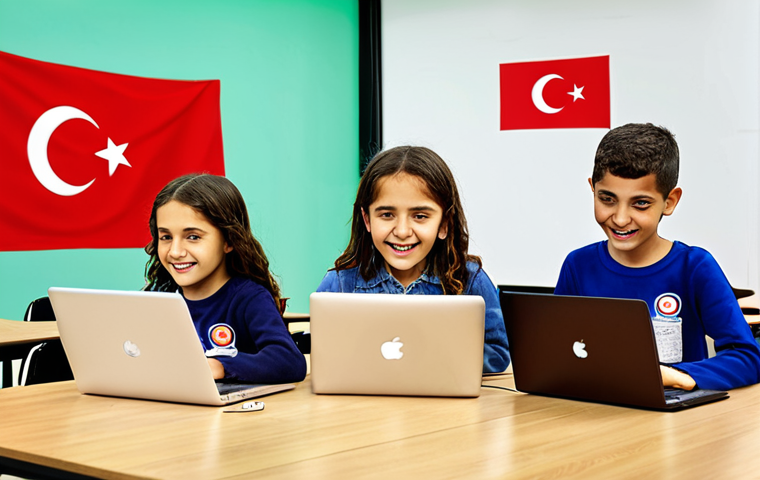 **

A diverse group of Turkish children collaboratively coding on laptops in a bright, modern classroom, interspersed with playful robots. Focus on happy, engaged faces and the colorful, block-based coding interface. Emphasize collaboration and the joy of creating. Background: Turkish flag subtly visible, maybe a poster related to technology or innovation in Turkish.

**